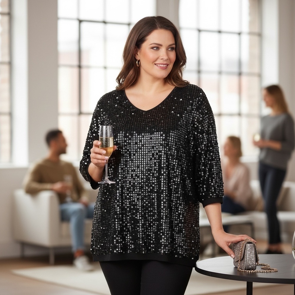 LISA ASHLEY ORIGINALS II Size 2X Vintage Black V Neck Sequined Sweater Unique